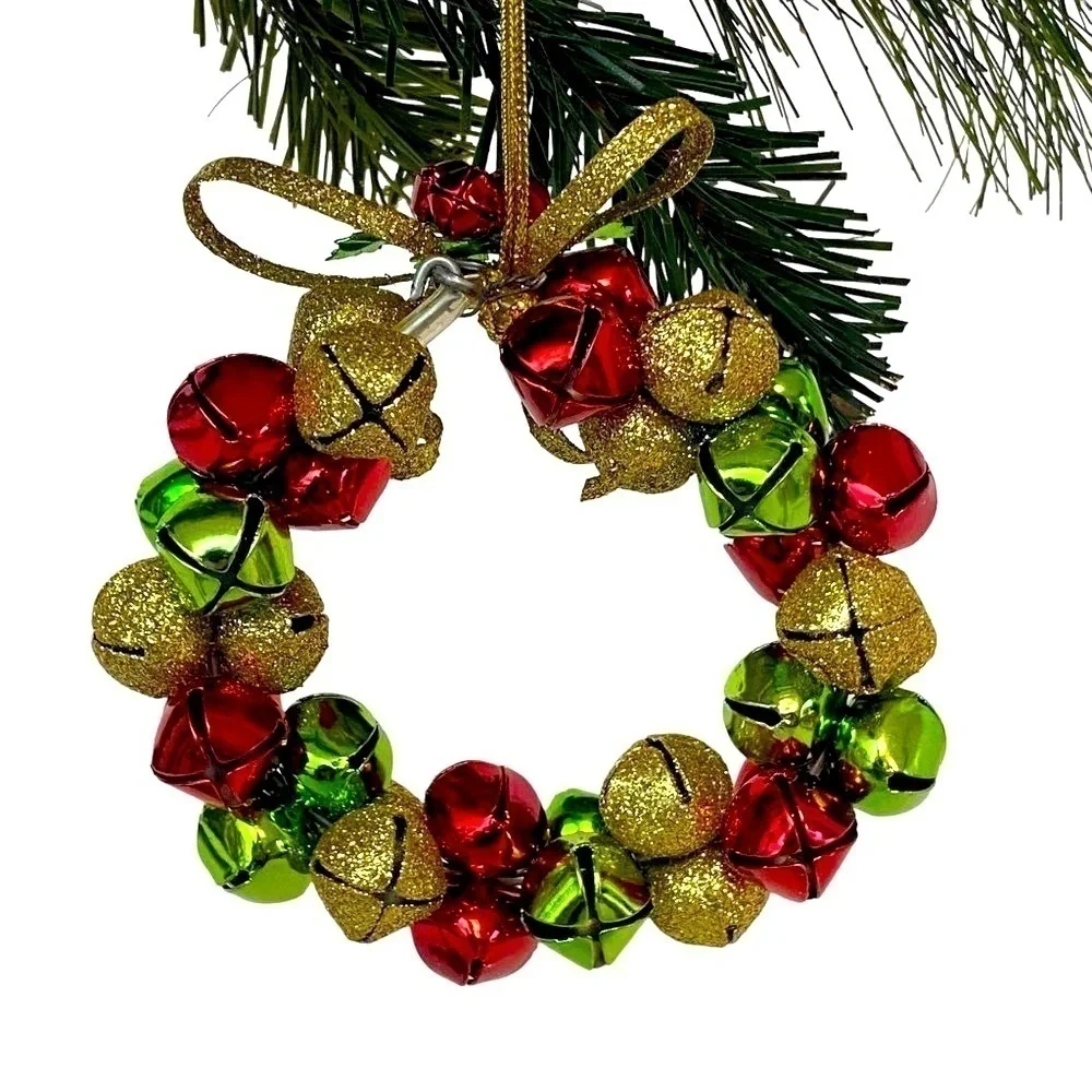 Jingle Bells Wreath Christmas Ornament Red Gold Green 3.5